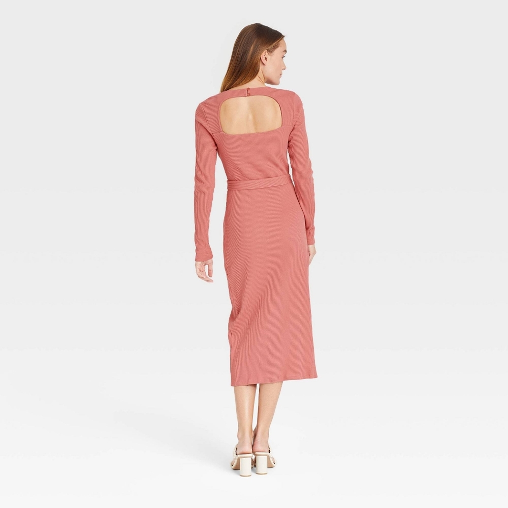 Cotton Ribbed Stretch Midi Sheath Bodycon Dress S - Picture 5 of 8